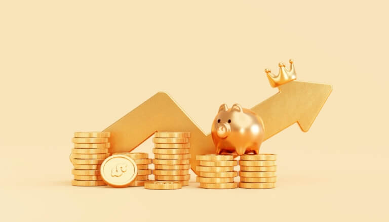gold piggy bank with gold coin money stacks growing arrow business finance savings investment concept background 3d illustration 1